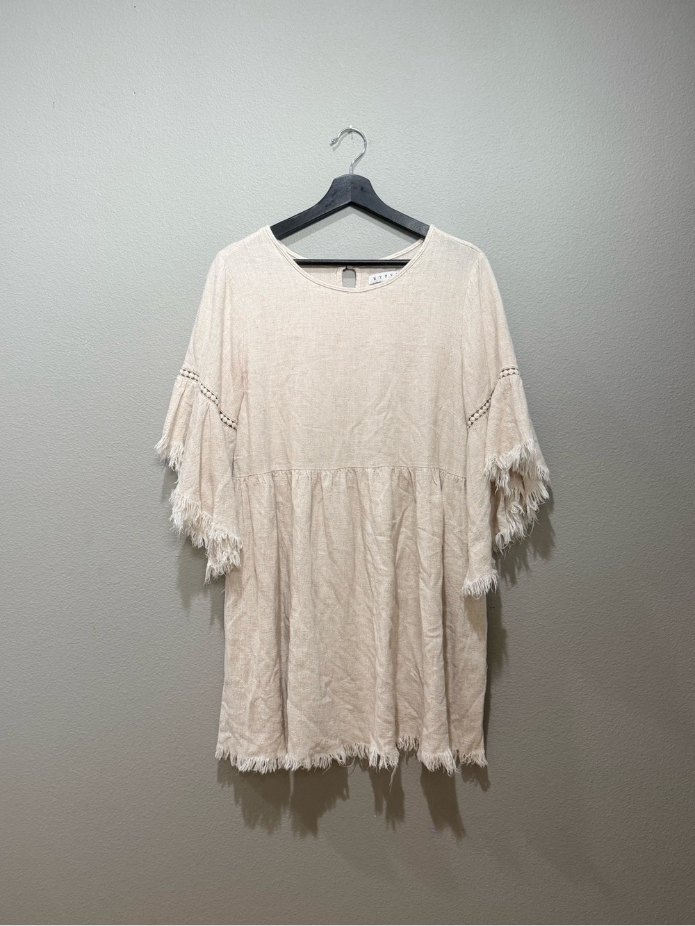 HYFVE Cream Linen Blend Fringe Trim Babydoll Mini Dress Size L
